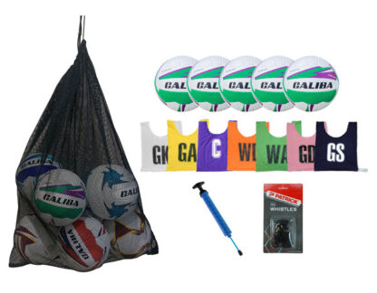 Coaches pack - 5x Caliba Intercept Netballs, Mesh Bag, Double Action Pump, Netball Bibs Set and Patrick Plastic Whistle with Lanyard