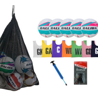 Coaches pack - 5x Caliba Intercept Netballs, Mesh Bag, Double Action Pump, Netball Bibs Set and Patrick Plastic Whistle with Lanyard