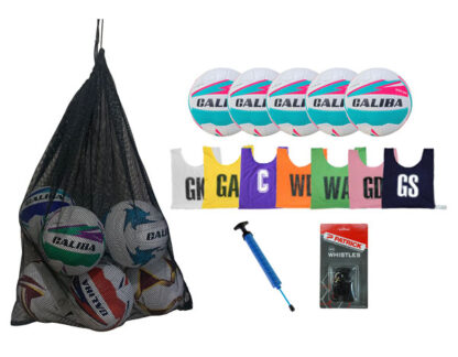 Coaches pack - 5x Caliba Intercept Netballs, Mesh Bag, Double Action Pump, Netball Bibs Set and Patrick Plastic Whistle with Lanyard