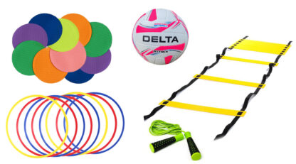 Fitness Pack - Delta Attack Netball, pkt Marker Dots (10), Agility Ladder, Ringmaster Skipping Rope, 1 set Speed Rings (8)