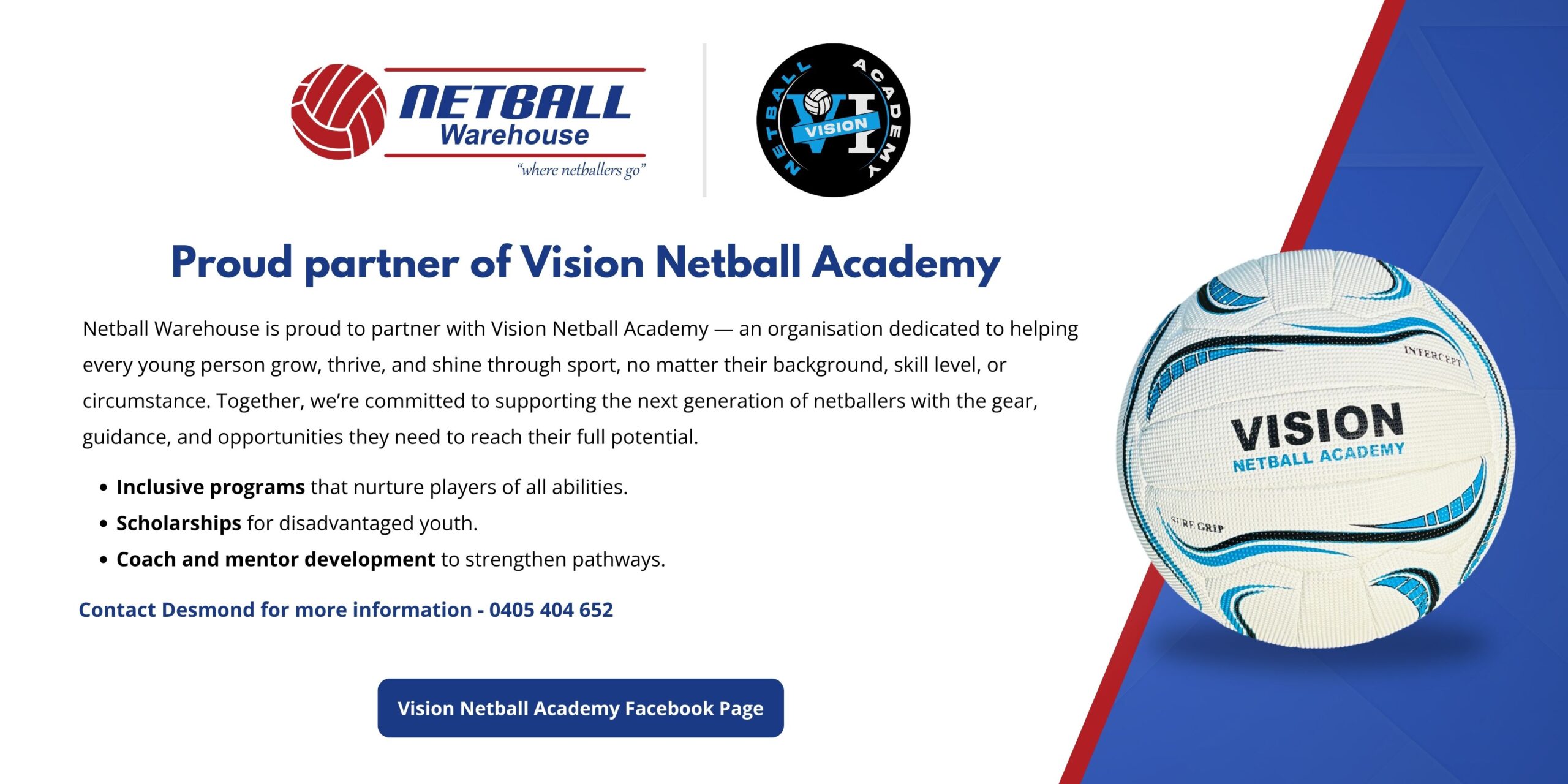 Netball Warehouse is proud to partner with Vision Netball Academy — an organisation dedicated to helping every young person grow, thrive, and shine through sport, no matter their background, skill level, or circumstance. Together, we’re committed to supporting the next generation of netballers with the gear, guidance, and opportunities they need to reach their full potential.