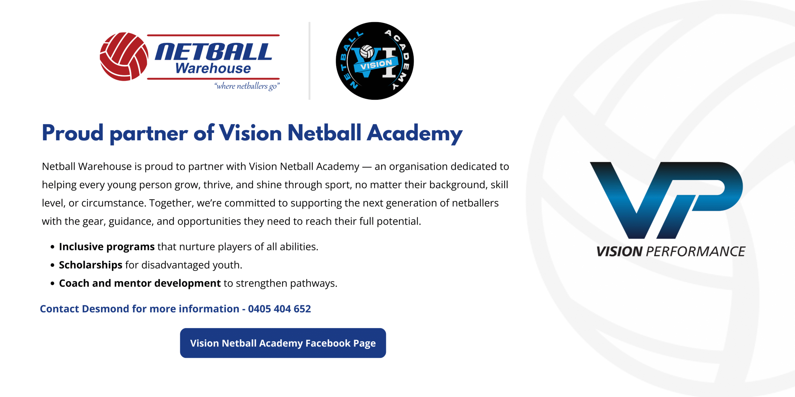 Netball Warehouse is proud to partner with Vision Netball Academy — an organisation dedicated to helping every young person grow, thrive, and shine through sport, no matter their background, skill level, or circumstance. Together, we’re committed to supporting the next generation of netballers with the gear, guidance, and opportunities they need to reach their full potential.